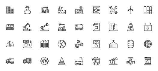 Industrial icon set. Vector illustration. Featuring actory, solar panel, robotc arm, conveyor, oil tank,engineer, helmet, forklift barrel, battery and more.