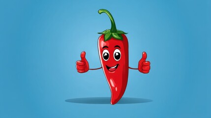 A cartoon chili pepper with eyes, a smile, and two arms giving a "like" sign. This bright character on a blue background is suitable for advertising, children's projects, and food content.