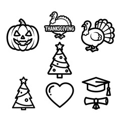 Fototapeta premium Collection of Outline Icons Representing Festive Holiday Traditions, Academic Success, and Heartfelt Emotions for Diverse Celebrations