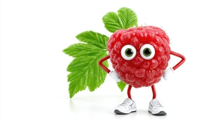 A cartoon raspberry with eyes, arms, and feet in sneakers. A cheerful fruit character on a white background, perfect for children's projects and healthy eating ads.