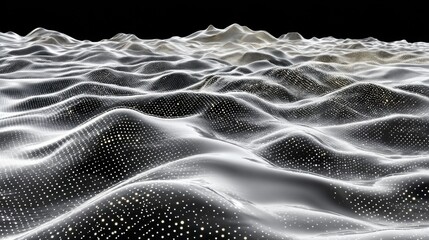 An abstract digital surface with waves and a dotted grid on a black background. Ideal for high-tech, data visualization, and computer graphics.