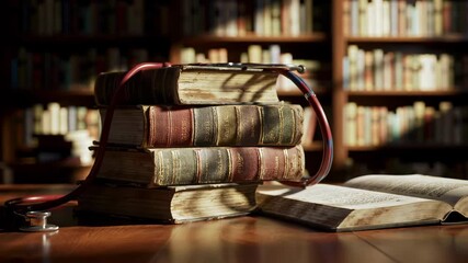 A stack of old books with a red stethoscope on a wooden table in library illuminated by sunlight, creating a vintage and academic atmosphere. - Powered by Adobe