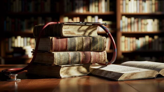 A stack of old books with a red stethoscope on a wooden table in library illuminated by sunlight, creating a vintage and academic atmosphere.