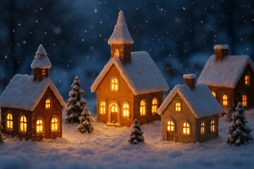 Fototapeta premium Charming Snow Covered Village Houses Illuminated at Night During Winter Season