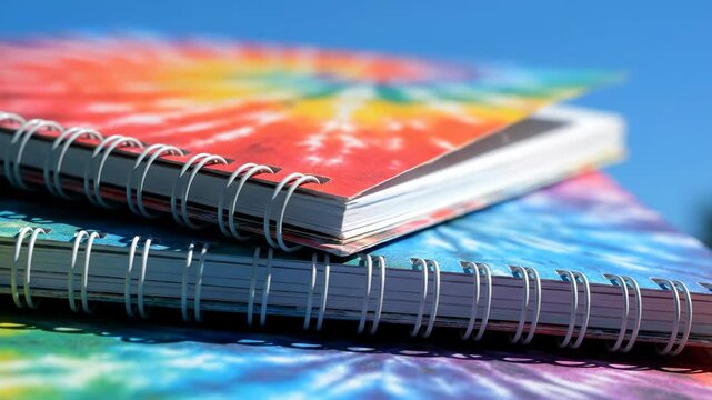 A stack of colorful tie dye notebooks with metal spiral bindings sits under a bright blue sky, close up shot showcasing the vibrant rainbow patterns and textures.