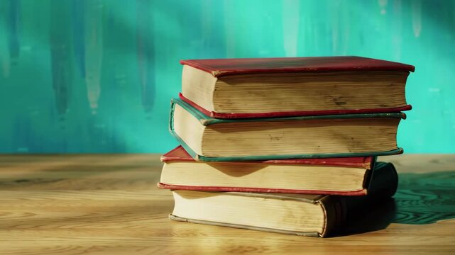 A stack of aged hardcover books rests on a wooden table, casting shadows against a mottled blue wall, creating a still life scene of vintage literature and learning.
