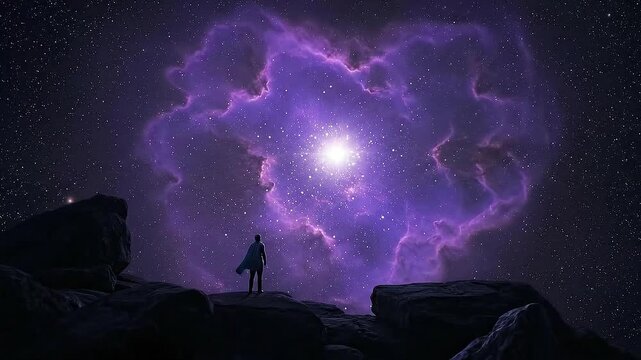 The man standing and see The Purple Cloud Galaxy exploration on deep space. 4K Flight Into The Small Magellanic Cloud Galaxy or Nubecula Minor.