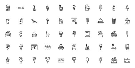 Ice cream shop icon set. Vector illustration. Includs symbols for ice cream, ppsicle, milkshake, machine truck, shop, menu and mor. Editable stroke. © wang