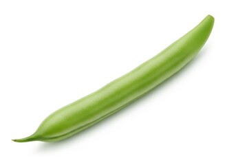Single fresh green string bean positioned diagonally on a clean white background