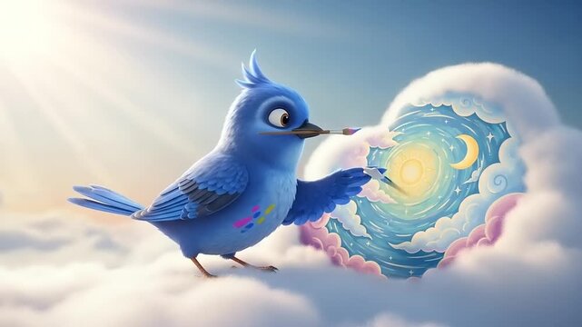 Cute Blue Bird with a Crest in the Clouds with a Moon and Sun.