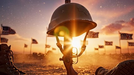 A solemn battlefield cross tribute with a soldier's helmet and rifle against a golden sunset. A field of American flags honors the ultimate sacrifice and valor - Powered by Adobe