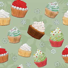 Various cute Christmas cup cake and snowflakes doodle lines seamless pattern on green background