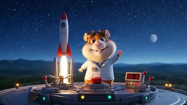 Cute Hamster Scientist Launches Rocket into Starry Night Sky.