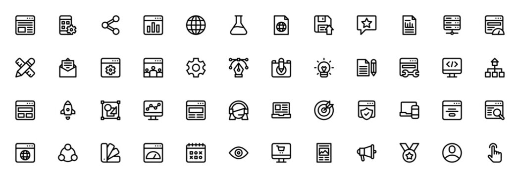 Web Design icon set. Vector UI icon collection. Incldes symbols for browser, ap, code, interface, analytcs, design, button, cloud omputing and more.