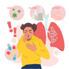 woman violently coughing with lungs in the background.ai