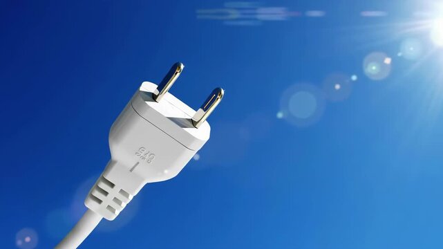 A white electrical plug is set against a clear blue sky with bright sunlight, symbolizing ecological energy, renewable power, and clean energy initiatives in a close up view.