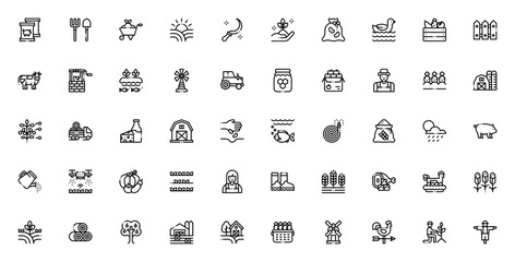 Farming and Gardening icon set. Vector illustration.Includes agriculture, farm ecology, animals, tools, uildings, eco-friendly symols and more. Editable strke.