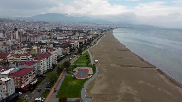 Aerial view of the beach and buildings in Atakum district of Samsun