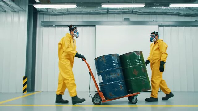 Two people in yellow hazmat suits, wearing masks push blue and green barrels on a cart in a bright industrial setting. The ground is gray and there is a large white wall.
