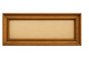 Empty wooden picture frame for text or image isolated on transparent background, horizontal rectangular object