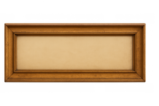 Empty wooden picture frame for text or image isolated on transparent background, horizontal rectangular object