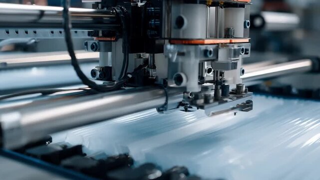 Medium shot of flexible plastic material being processed into a raised flexographic plate showcasing precision machinery in a clean workshop