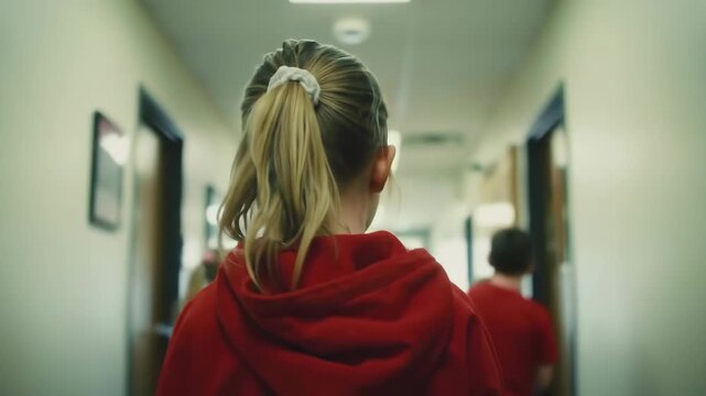 Rear view of a young girl with a blond ponytail and a red hoodie walking down a lighted beige hallway with blue doors in building.