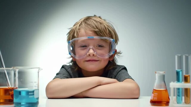 A young boy in a gray shirt and safety goggles sits at a white table surrounded by glass beakers in a bright studio setting, conducting a science experiment.