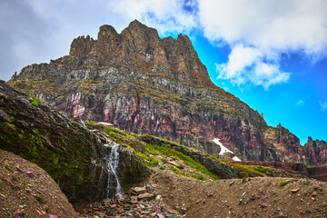 Rugged Mountain Peak Waterfall and Rocky Terrain on Hidden Lake Trail