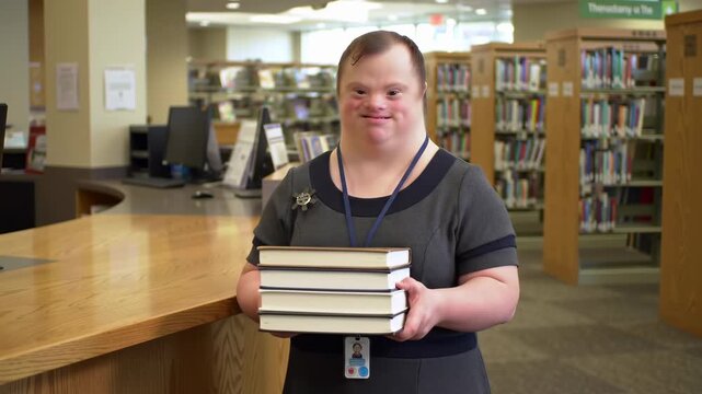 A woman with Down syndrome stands smiling in a library, holding a stack of books. She wears a gray knit shirt and dark skirt in the softly lit interior.