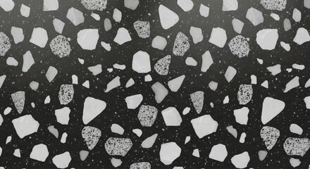 Charcoal terrazzo pattern with silver granite fragments and white quartz pieces, sleek modern industrial style, Monochrome terrazzo pattern, Luxury black terrazzo flooring and wallpaper