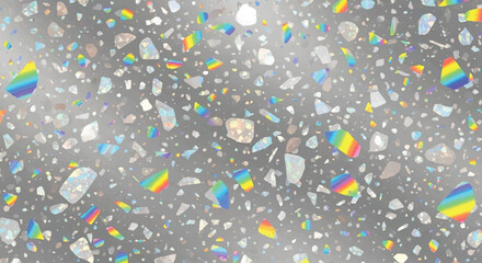 Modern abstract terrazzo surface, Silver base embedded with reflective rainbow colors, Sparkling terrazzo with iridescent flecks