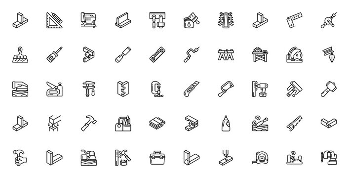 Carpentry tools icon set. Vector tool illustrations eaturing hammer, saw, dril, screwdriver, toolbox, mesuring tape, chisel and moe construction equipment. - Powered by Adobe