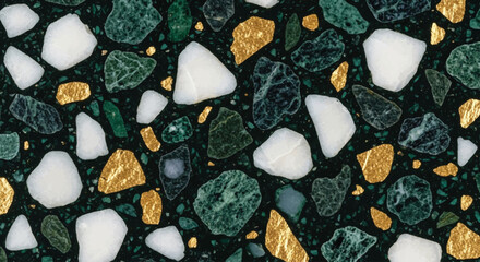Luxurious terrazzo pattern with green marble, gold flakes, and white stone chips on dark emerald background