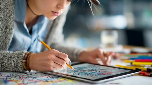 Creative professional drafting an innovative job description on a digital tablet emphasizing artistic skills and unique project responsibilities in a vibrant workspace. - Powered by Adobe