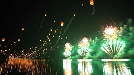 A breathtaking nocturnal display as vibrant green fireworks illuminate the night sky, their brilliant light reflecting on the calm water below a festival of hope