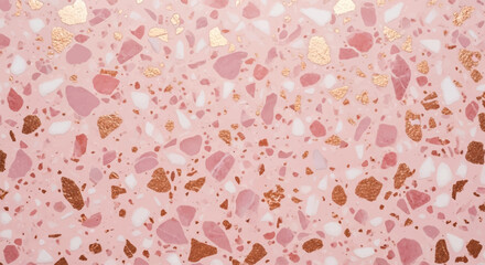 Rose gold terrazzo with blush pink marble chips and metallic copper flakes on soft pink background, Soft pastel pink and gold terrazzo wallpaper