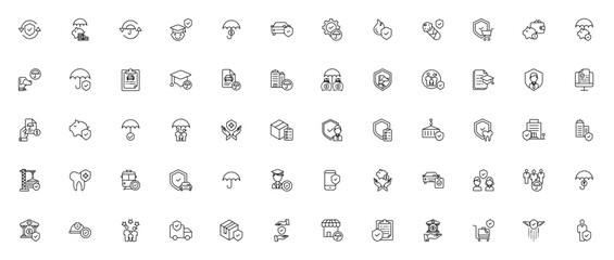 Insurance icon set. Vector illustration. Shield, savngs, car insurance, life isurance, pet insurance, faily protection, travel insrance, health insurance an more. Minimalist line icos.