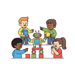 Cute flat design illustration diverse children collaborating building robot STEM