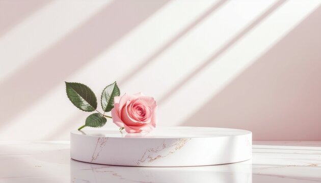 smooth flat white stone pedestal with geometric edges, single pink rose with delicate petals and naturally curled leaves placed diagonally, minimalist monochromatic backdrop with subtle gradient shadi