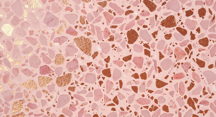 Rose gold terrazzo with blush pink marble chips and metallic copper flakes on soft pink background, Glamorous pink terrazzo background, Glitter rose gold aggregate