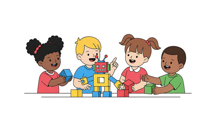 Cute flat design illustration diverse children collaborating building robot STEM