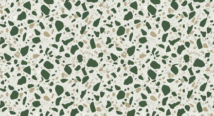Green and neutral color palette terrazzo wallpaper texture, Flat lay of retro mid century style terrazzo surface, solid color palette forest green, white, beige