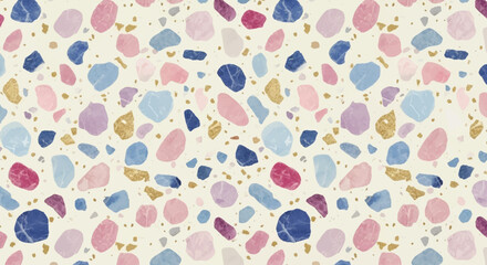 Terrazzo pattern with colorful marble chips in pink, blue, and gold scattered on cream background, Funky retro terrazzo surface, Pastel and cobalt blue marble aggregate