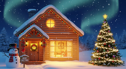 Cozy christmas house with snowman and illuminated tree during snowfall