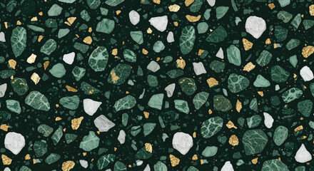 Luxurious terrazzo pattern with green marble, gold flakes, and white stone chips on dark emerald background, Elegant dark green terrazzo pattern