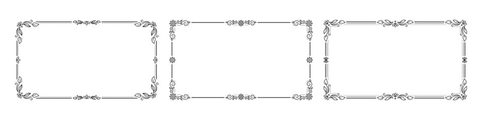 Frames with linear flourishes set. Outline HD borders. Edges feature abstract tendrils. Perimeters showcase vintage swirls, leafy corner. Rims highlight floral motifs. Margins frame delicate scrolls