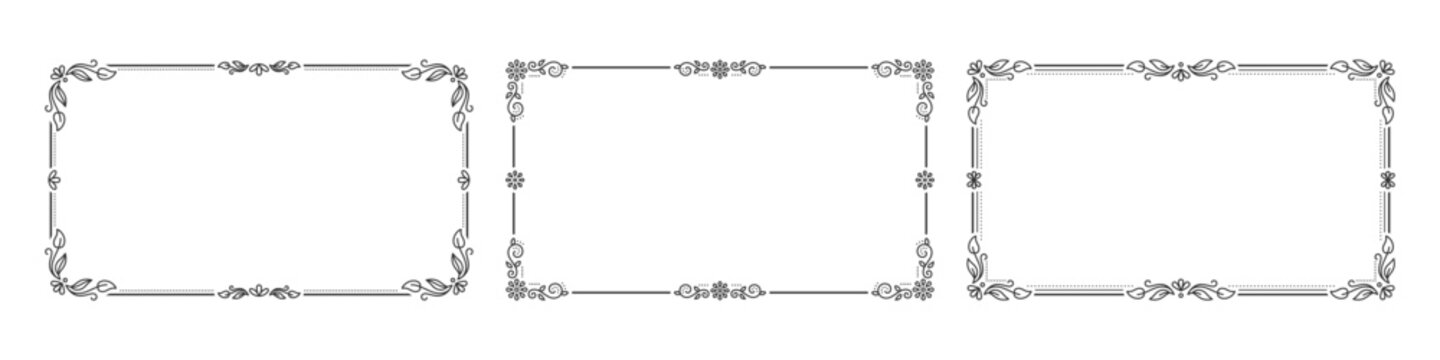 Frames with linear flourishes set. Outline HD borders. Edges feature abstract tendrils. Perimeters showcase vintage swirls, leafy corner. Rims highlight floral motifs. Margins frame delicate scrolls