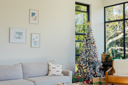 Frosted Christmas tree standing by light gray sofa in room with gold blush ornaments, wrapped gifts