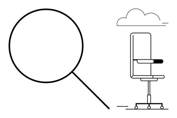 Magnifying glass beside office chair and cloud, signifying job search, analysis, exploration, tools or workplace improvement. Ideal for career growth, discovery, and hiring processes. Clean flat
